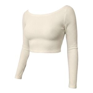 XS Ivory Boat Neck Long Sleeve Crochet Crop Top Knit Sheer Stretchy Y2k